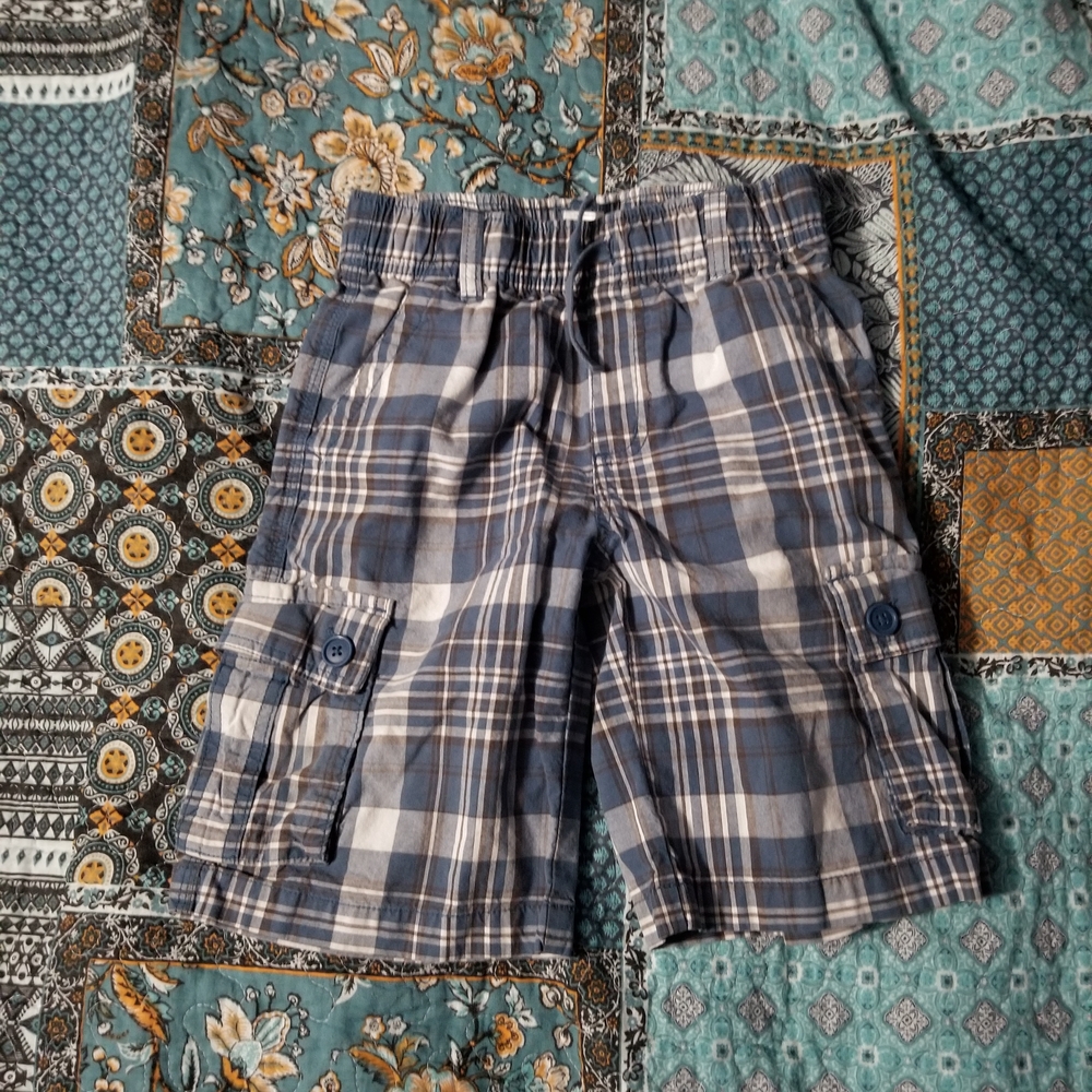 Boys Blue Plaid Cargo Shorts